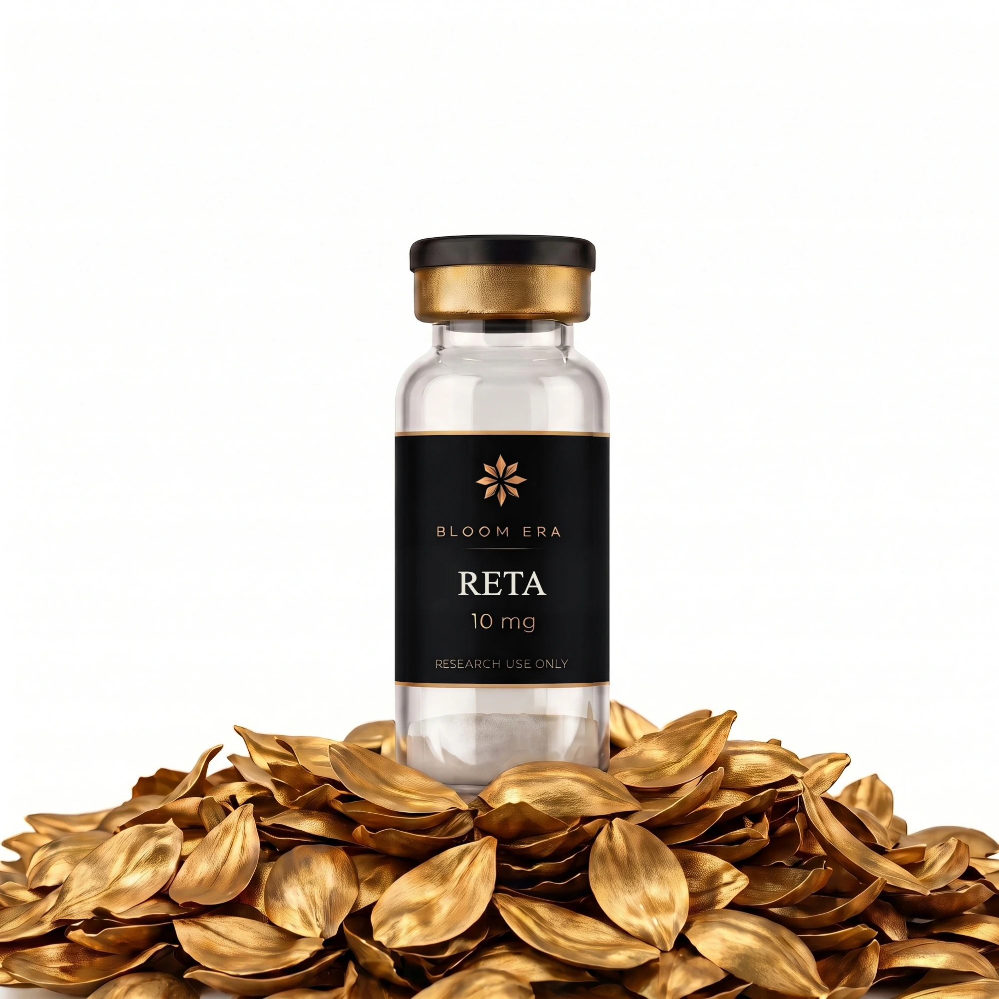 Fiole Bloom Era Reta 10 mg posée sur des pétales dorés